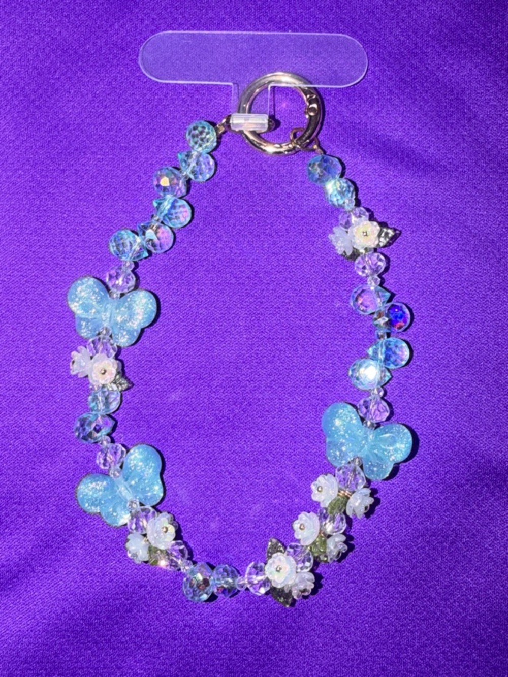 Aqua Crystal Flower Beaded Phone Lanyard with Gold Ring Clasp